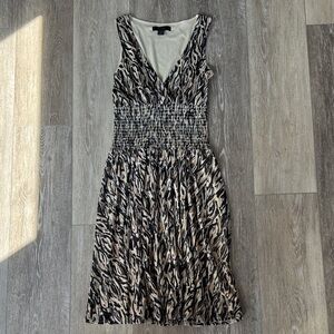 Express Black and Beige Animal Print Smocked Mini Dress